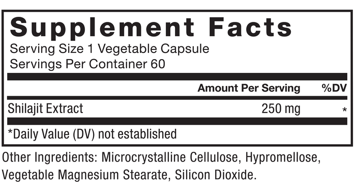 Ingredients You Can Trust: No Artificial Colors, No Artificial Flavors, No Gelatin, No Sugar, No Artificial Sweeteners, No Preservatives. Supplement Facts, Serving Size 1 Vegetable Capsule, Servings Per Container 60, Amount Per Serving %DV, Shilajit Extract 250 mg *, *Daily Value (DV) not established, Other Ingredients: Microcrystalline Cellulose, Hypromellose, Vegetable Magnesium Stearate, Silicon Dioxide.