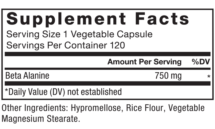 Ingredients You Can Trust: No Artificial Colors, No Artificial Flavors, No Gelatin, No Sugar, No Artificial Sweeteners, No Preservatives. Serving Size: 1 Vegetable Capsule, Servings Per Container: 120, Amount Per Serving: Beta Alanine, 750 mg, %DV: *, Other Ingredients: Hypromellose, Rice Flour, Vegetable Magnesium Stearate