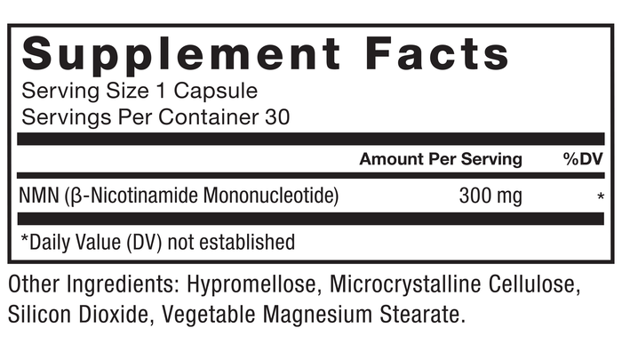 Ingredients You Can Trust: No Artificial Colors, No Artificial Flavors, No Gelatin, No Sugar, No Artificial Sweeteners, No Preservatives.Serving Size 1 Capsule, Servings Per Container 30, Amount Per Serving, %DV, NMN (β-Nicotinamide Mononucleotide) 300 mg*, *Daily Value (DV) not established, Other Ingredients: Hypromellose, Microcrystalline Cellulose, Silicon Dioxide, Vegetable Magnesium Stearate.