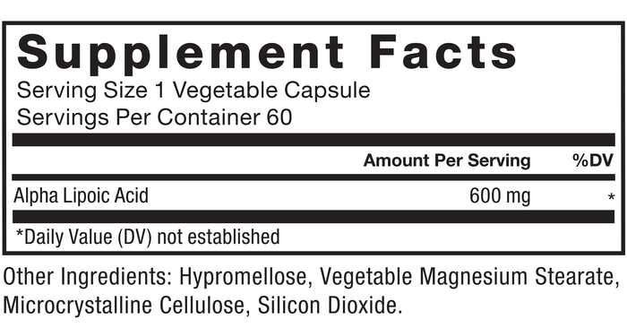 Ingredients You Can Trust: No Artificial Colors, No Artificial Flavors, No Gelatin, No Sugar, No Artificial Sweeteners, No Preservatives. Serving Size: 1 Vegetable Capsule, Servings Per Container: 60, Amount Per Serving: Alpha Lipoic Acid 600 mg*, * Daily Value (DV) not established, Other Ingredients: Hypromellose, Vegetable Magnesium Stearate, Microcrystalline Cellulose, Silicon Dioxide.