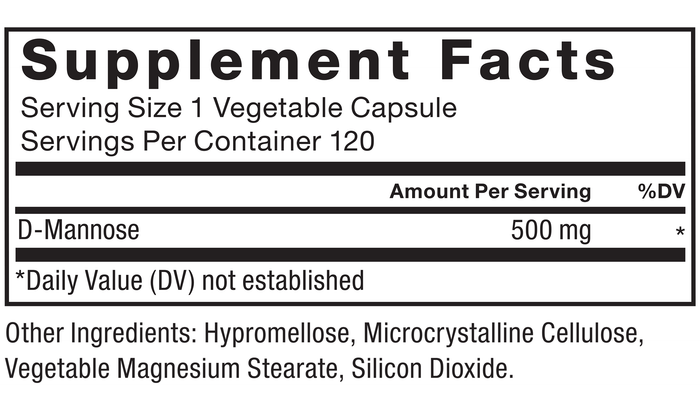 Ingredients You Can Trust: No Artificial Colors, No Artificial Flavors, No Gelatin, No Sugar, No Artificial Sweeteners, No Preservatives. Serving Size: 1 Vegetable Capsule, Servings Per Container: 120, Amount Per Serving: D-Mannose 500 mg, %DV: *, *Daily Value (DV) not established, Other Ingredients: Hypromellose, Microcrystalline Cellulose, Vegetable Magnesium Stearate, Silicon Dioxide.