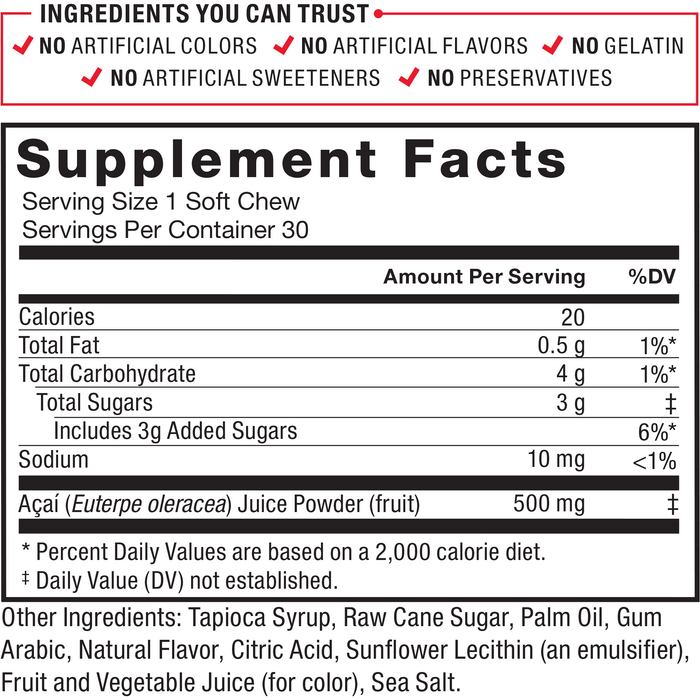 Ingredients You Can Trust: No Artificial Colors, No Artificial Flavors, No Gelatin, No Artificial Sweeteners, No Preservatives. Serving Size: 1 Soft Chew, Servings Per Container: 30. Calories 20, Total Fat 0.5 g 1%*, Total Carbohydrate 4 g 1%*, Total Sugars	3 g‡ (Includes 3 g Added Sugars 6%*), Sodium 10 mg <1%, Acai (Euterpe oleracea) Juice Powder (fruit) 500 mg‡. Other Ingredients: Tapioca Syrup, Raw Cane Sugar, Palm Oil, Gum Arabic, Natural Flavor, Citric Acid, Sunflower Lecithin (an emulsifier), Fruit and Vegetable Juice (color), Sea Salt. * Percent Daily Values are based on a 2,000 calorie diet. ‡ Daily Value (DV) not established.