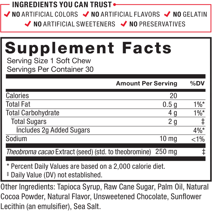 Ingredients You Can Trust: No Artificial Colors, No Artificial Flavors, No Gelatin, No Artificial Sweeteners, No Preservatives. Serving Size: 1 Soft Chew, Servings Per Container: 30. Calories 20, Total Fat 0.5 g 1%*, Total Carbohydrate 4 g 1%*, Total Sugars	2 g‡ (Includes 2 g Added Sugars 4%*), Sodium 10 mg <1%, Theobroma cacao Extract (seed) (std. to theobromine) 250 mg‡. Other Ingredients: Tapioca Syrup, Raw Cane Sugar, Palm Oil, Natural Cocoa Powder, Natural Flavor, Unsweetened Chocolate, Sunflower Lecithin (an emulsifier), Sea Salt. * Percent Daily Values are based on a 2,000 calorie diet. ‡ Daily Value (DV) not established.
