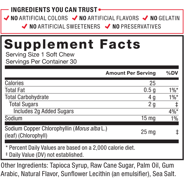 Ingredients You Can Trust: No Artificial Colors, No Artificial Flavors, No Gelatin, No Artificial Sweeteners, No Preservatives. Serving Size: 1 Soft Chew, Servings Per Container: 30. Calories 25, Total Fat 0.5 g 1%*, Total Carbohydrate 4 g 1%*, Total Sugars	2 g‡ (Includes 2 g Added Sugars 4%*), Sodium 15 mg 1%, Sodium Copper Chlorophyllin (Morbus alba L.) (leaf) (Chlorophyll) 25 mg‡. Other Ingredients: Tapioca Syrup, Raw Cane Sugar, Palm Oil, Gum Arabic, Natural Flavor, Sunflower Lecithin (an emulsifier), Sea Salt. *Percent Daily Values are based on a 2,000 calorie diet. ‡ Daily Value (DV) not established.