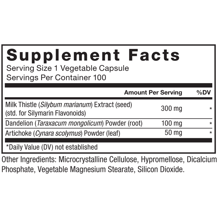 Ingredients You Can Trust: No Artificial Colors, No Artificial Flavors, No Gelatin, No Sugar, No Artificial Sweeteners, No Preservatives. Serving Size 1 Vegetable Capsule. Servings Per Container 100.  Amount Per Serving, %DV, Milk Thistle (Silybum marianum) Extract (seed) (std. for Silymarin Flavonoids) 300 mg*, Dandelion (Taraxacum mongolicum) Powder (root) 100 mg*, Artichoke (Cynara scolymus) Powder (leaf) 50 mg*. * Daily Value (DV) not established. Other Ingredients: Microcrystalline Cellulose, Hypromellose, Dicalcium, Vegetable Magnesium Stearate, Silicon Dioxide.