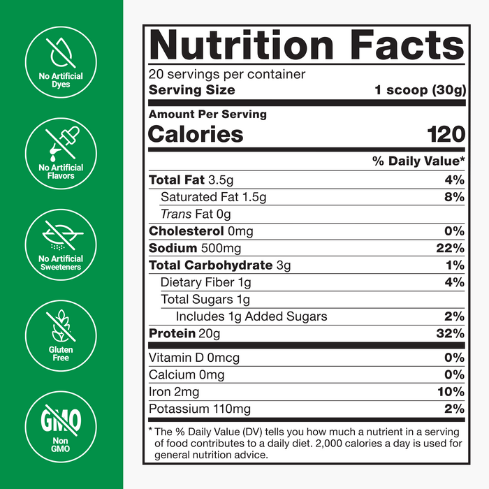 Ingredients You Can Trust: No Artificial Dye, No Artificial Flavors, No Artificial Sweeteners. Serving Size: 1 scoop (30g), Servings Per Container: 20, Amount per Serving: 120 Calories, % Daily Value, Total Fat 3.5g (4%), Saturated Fat 1.5g (8%), Trans Fat 0g, Cholesterol 0mg (0%), Sodium 500mg (22%), Total Carbohydrate 3g (1%), Dietary Fiber 1g (4%), Total Sugars 1g, Includes 1g Added Sugars (2%), Protein 20g (32%), Vitamin D 0mcg (0%), Calcium 0mg (0%) Iron 2mg (10%), Potassium 110mg (2%). Other ingredients: Super-10 Protein Matrix (Pea Protein, Fava Bean Protein, Rice Protein, Pumpkin Seed Protein, Chia Seed Protein, Hemp Seed Protein, Quinoa Seed Protein, Sunflower Seed Protein, Cranberry Seed Protein, Chlorella), Natural Flavors, Medium Chain Triglycerides, Sea Salt, Xanthan Gum, Potassium Citrate, Stevia Leaf Extract, Sodium Citrate, Greens Blend (Coffea arabica Extract (whole fruit), Green Tea (Camellia sinensis) Extract (leaf), Broccoli (Brassica oleracea) Concentrate (sprout), Onion (Allium cepa) Extract (bulb), Apple (Malus domestica) Extract (fruit), Quercetin (from Sophora japonica) (flower), Maltodextrin, Acerola (Malpighia glabra) Extract (fruit), Tomato (Lycopersicon esculentum) Concentrate (fruit), Broccoli (Brassica olerace) Concentrate (floret and stems), Açaí (Euterpe oleracea) Concentrate (fruit), Turmeric (Curcuma longa) Concentrate (rhizome), Garlic (Allium sativum) Concentrate (clove), Basil (Ocimum basilicum) Concentrate (leaf), Oregano (Origanum vulgare) Concentrate (leaf), Cinnamon (Cinnamomum burmannii/cassia) Concentrate (bark), Carrot (Daucus carota) Concentrate (root), Elderberry (Sambucus nigra) Concentrate (fruit), Mangosteen (Garcinia mangostana L.) Concentrate (fruit), Camu Camu (Myrciaria dubia) Concentrate (fruit), Blackcurrant (Ribes nigrum) Extract (fruit), Blueberry (Vaccinium corymbosum) Extract (fruit), Raspberry (Rubus idaeus) Concentrate (berry), Blackberry (Rubus fruticosus) Concentrate (fruit), Spinach (Spinacia oleracea) Concentrate (leaf), Chokeberry (Aronia melanocarpa) Concentrate (fruit), Kale (Brassica oleracea) Concentrate (leaf), Sweet Cherry (Prunus avium) Concentrate (fruit), Bilberry (Vaccinium myrtillus) Extract (fruit), Silicon Dioxide, Sunflower Lecithin, Brussels Sprout (Brassica oleracea) Concentrate (sprout)), Digestive Enzyme Blend (Amylase, Protease, Lactase, Lipase, Cellulase).