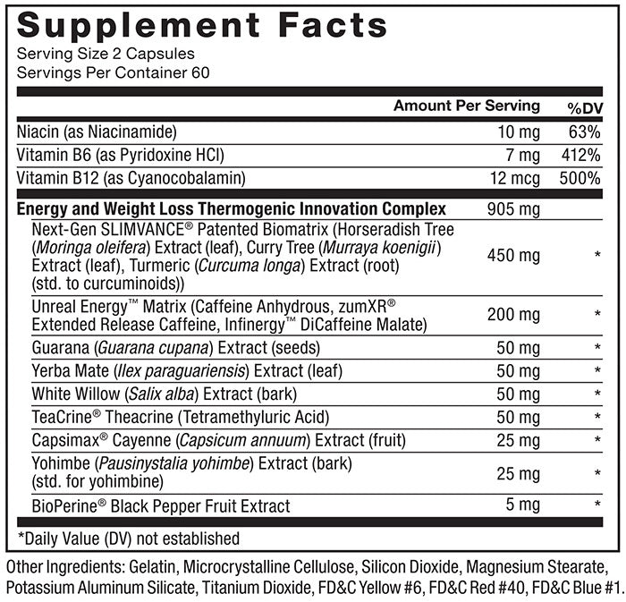 Supplement Facts; Serving Size: 2 Capsules; Servings Per Container 60. Niacin (as Niacinamide) 10mg per serving 63% daily value, Nitamin B6 (as Pyridoxine HCl) 7mg per serving 412% daily value. Vitamin B12 (as Cyanocobalamin) 12mcg per serving 500% daily value. Energy and Weight Loss Thermogenic Innovation Complex 905mg per serving: Next-Gen SLIMVANCE® Patented Biomatrix (Horseradish Tree (Moringa oleifera) Extract (leaf), Curry Tree (Murraya koenigii) Extract (leaf), Turmeric (Curcuma longa) Extract (root) (std. to curcuminoids)) 450mg per serving * daily value, Unreal Energy™ Matrix (Caffeine Anhydrous, zümXR® Extended Release Caffeine, Infinergy™ DiCaffeine Malate) 200mg per serving * daily value, Guarana (Guarana cupana) Extract (seeds) 50mg per serving * daily value, Yerba Mate (Ilex paraguariensis) Extract (leaf) 50mg per serving * daily value, White Willow (Salix alba) Extract (bark) 50mg * daily value, TeaCrine® Theacrine (Tetramethyluric Acid) 50mg per serving * daily value, Capsimax® Cayenne (Capsicum annuum) Extract (fruit) 25mg per serving * daily value, Yohimbe (Pausinystalia yohimbe) Extract (bark) (std. for yohimbine) 25mg per serving * daily value, BioPerine® Black Pepper Fruit Extract 5mg per serving * daily value. ‡ Daily Value (DV) not established. Other Ingredients: Gelatin, Microcrystalline Cellulose, Silicon Dioxide, Magnesium Stearate, Potassium Aluminum Silicate, Titanium Dioxide, FD&C Yellow #6, FD&C Red #40, FD&C Blue #1.