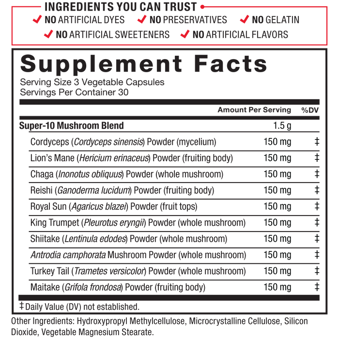 Ingredients You Can Trust: No Artificial Dyes, No Artificial Flavors, No Artificial Sweeteners, No Gelatin, No Preservatives. Serving Size 3 Vegetable Capsules. Servings Per Container: 30. Super-10 Mushroom Blend 1.5 g: Cordyceps (Cordyceps sinensis) Powder (mycelium) 150 mg‡, Lion’s Mane (Hericium erinaceus) Powder (fruiting body) 150 mg‡, Chaga (Inonotus obliquus) Powder (whole mushroom)	150 mg‡, Reishi (Ganoderma lucidum) Powder (fruiting body) 150 mg‡, Royal Sun (Agaricus blazei) Powder (fruit tops) 150 mg‡, King Trumpet (Pleurotus eryngii) Powder (whole mushroom) 150 mg‡, Shiitake (Lentinula edodes) Powder (whole mushroom) 150 mg‡, Antrodia camphorata Mushroom Powder (whole mushroom) 	150 mg‡, Turkey Tail (Trametes versicolor) Powder (whole mushroom) 150 mg‡, Maitake (Grifola frondosa) Powder (fruiting body) 150 mg‡. Other Ingredients: Hydroxypropyl Methylcellulose, Microcrystalline Cellulose, Silicon Dioxide, Vegetable Magnesium Stearate. ‡ Daily Value (DV) not established.