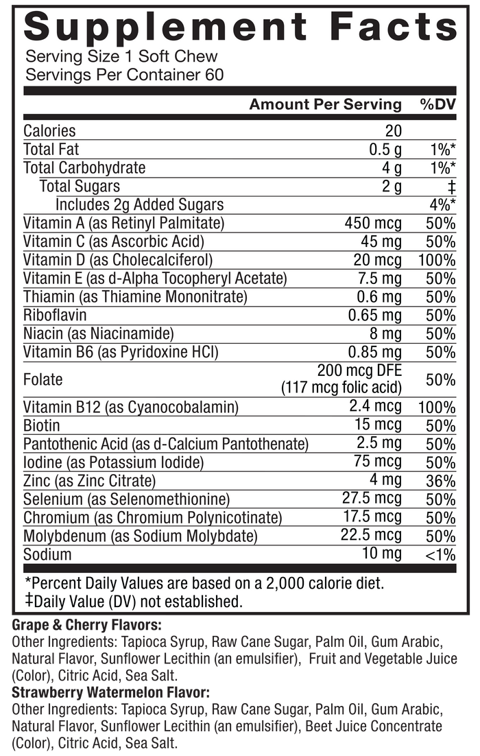 Ingredients You Can Trust: No Artificial Colors, No Gelatin, No Artificial Sweeteners. Supplement Facts: Serving Size 1 Soft Chew, Servings Per Container 60, Amount Per Serving %DV, Calories 20, Total Fat 0.5 g 1%, Total Carbohydrate 4 g 1%, Total Sugars 2 g‡, Includes 2g Added Sugars 4%*, Vitamin A (as Retinyl Palmitate) 450 mcg 50%, Vitamin C (as Ascorbic Acid) 45 mg 50%, Vitamin D (as Cholecalciferol) 20 mcg 100%, Vitamin E (as d-Alpha Tocopheryl Acetate) 7.5 mg 50%, Thiamin (as Thiamine Mononitrate) 0.6 mg 50%, Riboflavin 0.65 mg 50%, Niacin (as Niacinamide) 8 mg 50%, Vitamin B6 (as Pyridoxine HCl) 0.85 mg 50%, Folate 200 mcg DFE (117 mcg folic acid) 50%, Vitamin B12 (as Cyanocobalamin) 2.4 mcg 100%, Biotin 15 mcg 50%, Pantothenic Acid (as d-Calcium Pantothenate) 2.5 mg 50%, Iodine (as Potassium Iodide) 75 mcg 50%, Zinc (as Zinc Citrate) 4 mg 36%, Selenium (as Selenomethionine) 27.5 mcg 50%, Chromium (as Chromium Polynicotinate) 17.5 mcg 50%, Molybdenum (as Sodium Molybdate) 22.5 mcg 50%, Sodium 10 mg <1%. *Percent Daily Values are based on a 2,000 calorie diet. ‡Daily Value (DV) not established.