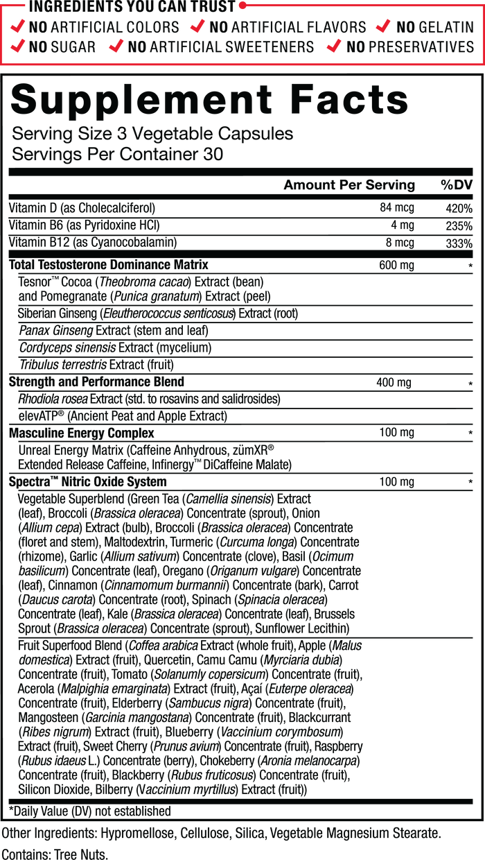 Ingredients You Can Trust: No Artificial Colors, No Artificial Flavors, No Gelatin, No Sugar, No Artificial Sweeteners, No Preservatives. Serving Size: 3 Vegetable Capsules. Servings Per Container: 30. Vitamin D (as Cholecalciferol) 84 mcg 420%, Vitamin B6 (as Pyridoxine HCl) 4 mg 235%, Vitamin B12 (as Cyanocobalamin) 8 mcg 333%, Total Testosterone Dominance Matrix 600 mg*: Tesnor Cocoa (Theobroma cacao) Extract (bean) and Pomegranate (Punica granatum) Extract (peel), Siberian Ginseng (Eleutherococcus senticosus) Extract (root), Panax Ginseng Extract (stem and leaf), Cordyceps sinensis Extract (mycelium), Tribulus terrestris Extract (fruit), Strength and Performance Blend 400 mg*: Rhodiola rosea Extract (std. to rosavins and salidrosides), elevATP (Ancient Peat and Apple Extract), Masculine Energy Complex 100 mg*: Unreal Energy Matrix (Caffeine Anhydrous, zumXR Extended Release Caffeine, Infinergy DiCaffeine Malate), Spectra Nitric Oxide System 100 mg*: Vegetable Superblend (Green Tea (Camellia sinensis) Extract (leaf), Broccoli (Brassica oleracea) Concentrate (sprout), Onion (Allium cepa) Extract (bulb), Broccoli (Brassica oleracea) Concentrate (floret and stem), Maltodextrin, Turmeric (Curcuma longa) Concentrate (rhizome), Garlic (Allium sativum) Concentrate (clove), Basil (Ocimum basilicum) Concentrate (leaf), Oregano (Origanum vulgare) Concentrate (leaf), Cinnamon (Cinnamomum burmannii) Concentrate (bark), Carrot (Daucus carota) Concentrate (root), Spinach (Spinacia oleracea) Concentrate (leaf), Kale (Brassica oleracea) Concentrate (leaf), Brussels Sprout (Brassica oleracea) Concentrate (sprout)), Fruit Superfood Blend: Fruit Superfood Blend (Coffea arabica Extract (whole fruit), Apple (Malus domestica) Extract (fruit), Quercetin, Camu Camu (Myrciaria dubia) Concentrate (fruit), Tomato (Solanumly copersicum) Concentrate (fruit), Acerola (Malpighia emarginata) Extract (fruit), Açaí (Euterpe oleracea) Concentrate (fruit), Elderberry (Sambucus nigra) Concentrate (fruit), Mangosteen (Garcinia mangostana) Concentrate (fruit), Blackcurrant (Ribes nigrum) Extract (fruit), Blueberry (Vaccinium corymbosum) Extract (fruit), Sweet Cherry (Prunus avium) Concentrate (fruit), Raspberry (Rubus idaeus L.) Concentrate (berry), Chokeberry (Aronia melanocarpa) Concentrate (fruit), Blackberry (Rubus fruticosus) Concentrate (fruit), Silicon Dioxide, Bilberry (Vaccinium myrtillus) Extract (fruit)). Other Ingredients: Hypromellose, Cellulose, Silica, Vegetable Magnesium Stearate. Contains: Tree Nuts. *Daily Value (DV) not established.