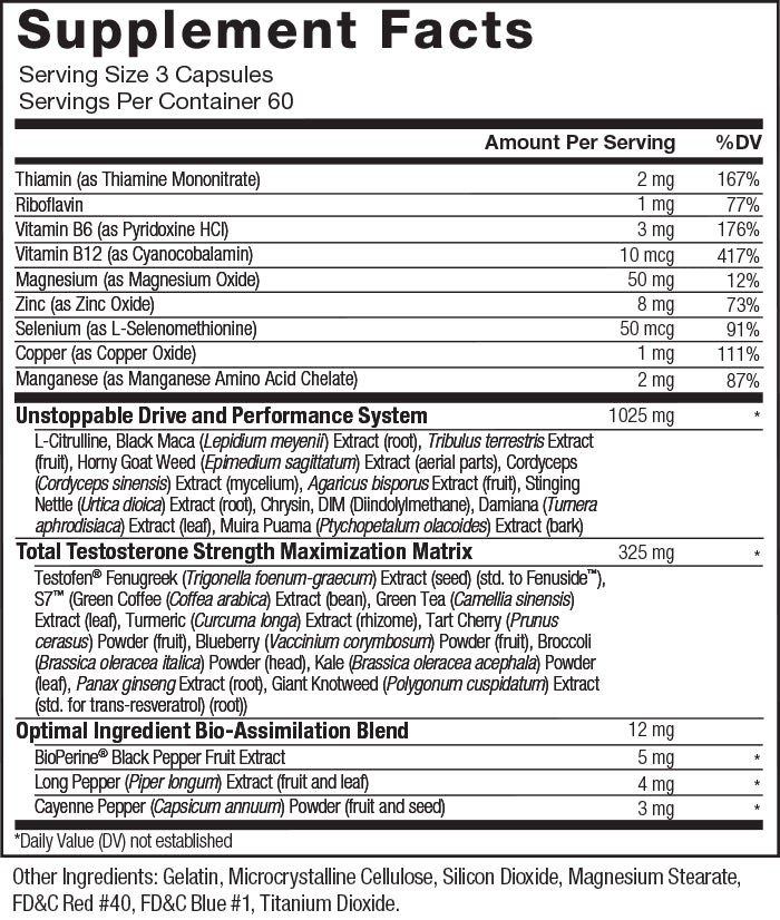 Supplement Facts. Serving Size 3 Capsules. Servings Per Container 60. Thiamin (as Thiamine Mononitrate) 2mg per serving 167% daily value. Riboflavin, 1mg per serving 77% daily value, Vitamin B6 (as Pyridoxine HCl) 3mg per serving 176% daily value, Vitamin B12 (as Cyanocobalamin) 10 mcg per serving, 417% daily value, Magnesium (as Magnesium Oxide) 50 mg per serving 12% daily value, Zinc (as Zinc Oxide) 8mg, 73% daily value, Selenium (as L-Selenomthionine) 50 mcg per serving, 91% daily value, Copper (as Copper Oxide) 1mg per serving 111% daily value, Manganese (as Manganese Amino Acid Chelate) 2mg per serving 87% daily value. Unstoppable Drive and Performance System 1025mg per serving, * daily value: L-Citrulline, Black Maca (Lepidium meyenii) Extract (root), Tribulus terrestris Extract (fruit), Horny Goat Weed (Epimedium sagittatum) Extract (aerial parts), Cordyceps (Cordyceps sinensis) Extract (mycelium), Agaricus bisporus Extract (fruit), Stinging Nettle (Urtica dioica) Extract (root), Chrysin, DIM (Diindolylmethane), Damiana (Turnera aphrodisiaca) Extract (leaf), Muira Puama (Ptychopetalum olacoides) Extract (bark). Total Testosterone Strength Maximization Matrix 325mg per serving, * daily value: Testofen® Fenugreek (Trigonella foenum-græcum) Extract (seed) (std. to Fenuside™), S7™ (Green Coffee (Coffea Arabica) Extract (bean), Green Tea (Camellia sinensis) Extract (leaf), Turmeric (Curcuma longa) Extract (rhizome), Tart Cherry (Prunus cerasus) Powder (fruit), Blueberry (Vaccinium corymbosum) Powder (fruit), Broccoli (Brassica oleracea italic) Powder (head), Kale (Brassica oleracea acephala) Powder (leaf), Panax ginseng Extract (root), Giant Knotweed (Polygonum cuspidatum) Extract (std. for trans-resveratol) (root)). Optimal Ingredient Bio-Assimilation Blend 12 mg per serving: BioPerine® Black Pepper Fruit Extract 5mg per serving * daily value, Long Pepper (Piper longum) Extract (fruit and leaf) 4 mg per serving * daily value, Cayenne Pepper (Capsicum annuum) Powder (fruit and seed) 3mg per serving * daily value. * Daily Value not established. Other Ingredients: Gelatin, Microcrystalline Cellulose, Silicon Dioxide, Magnesium Stearate, FD&C Red# 40, FD&C Blue #1, Titanium Dioxide.