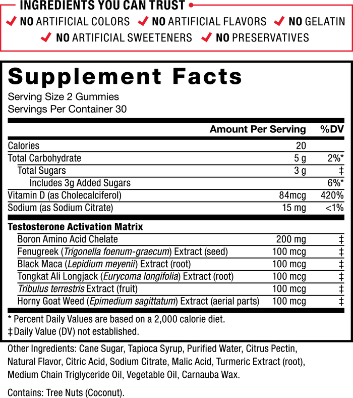 Ingredients You Can Trust: No Artificial Colors, No Artificial Sweeteners, No Gelatin, No Preservatives. Supplement Facts: Serving Size 2 Gummies, Servings Per Container: 30. Calories: 20, Total Carbohydrate 5g 2%* DV, Total Sugars 3g‡ (Includes 3g Added Sugars) 6%*, Vitamin D (as Cholecalciferol) 84 mcg 420% DV, Sodium (as Sodium Citrate) 15 mg <1% DV, Testosterone Activation Matrix: Boron Amino Acid Chelate 200 mg‡, Fenugreek (Trigonella foenum-graecum) Extract (seed) 100 mcg‡, Black Maca (Lepidium meyenii) Extract (root) 100 mcg‡, Tongkat Ali Longjack (Eurycoma longifolia) Extract (root) 100 mcg‡, Tribulus terrestris Extract (fruit) 100 mcg‡, Horny Goat Weed (Epimedium sagittatum) Extract (aerial parts) 100 mcg‡. *Percent Daily Values are based on a 2,000 calorie diet. ‡Daily Value (DV) not established. Other Ingredients: Cane Sugar, Tapioca Syrup, Purified Water, Citrus Pectin, Natural Flavor, Citric Acid, Sodium Citrate, Malic Acid, Turmeric Extract (root), Medium Chain Triglyceride Oil, Vegetable Oil, Carnauba Wax.