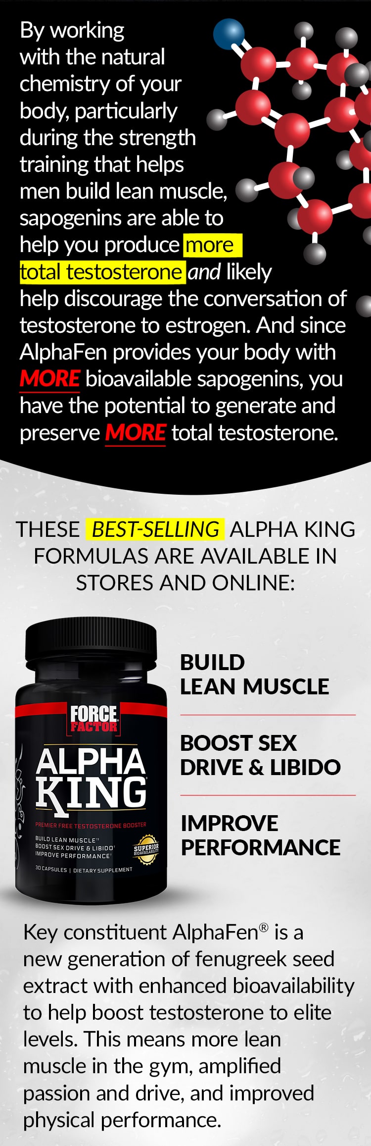 By working with the natural chemistry of your body, particularly during the strength training that helps men build lean muscle, sapogenins are able to help you produce more total testosterone and likely help discourage the conversation of testosterone to estrogen. And since AlphaFen provides your body with MORE bioavailable sapogenins, you have the potential to generate and preserve MORE total testosterone. THESE BEST-SELLING ALPHA KING FORMULAS ARE AVAILABLE IN STORES AND ONLINE: Alpha King® - BUILD LEAN MUSCLE, BOOST SEX DRIVE & LIBIDO, IMPROVE PERFORMANCE. Key constituent AlphaFen® is a new generation of fenugreek seed extract with enhanced bioavailability to help boost testosterone to elite levels. This means more lean muscle in the gym, amplified passion and drive, and improved physical performance.