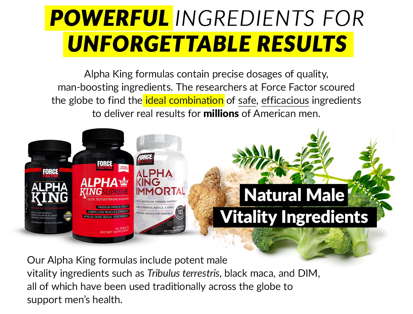 POWERFUL INGREDIENTS FOR UNFORGETTABLE RESULTS - Alpha King formulas contain precise dosages of quality, man-boosting ingredients. The researchers at Force Factor scoured the globe to find the ideal combination of safe, efficacious ingredients to deliver real results for millions of American men. Natural Male Vitality Ingredients - Our Alpha King formulas include potent male vitality ingredients such as Tribulus terrestris, black maca, and DIM, all of which have been used traditionally across the globe to support men’s health.