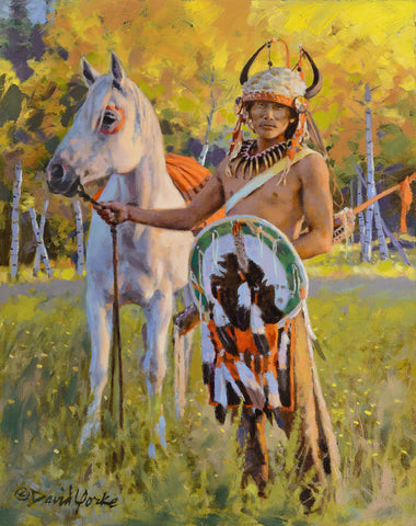Painting of a Plains Indian and a horse with Fall leaves all around by David Yorke.
