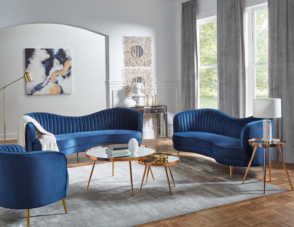 Blue Sophia Camel Back Upholstered Sofa