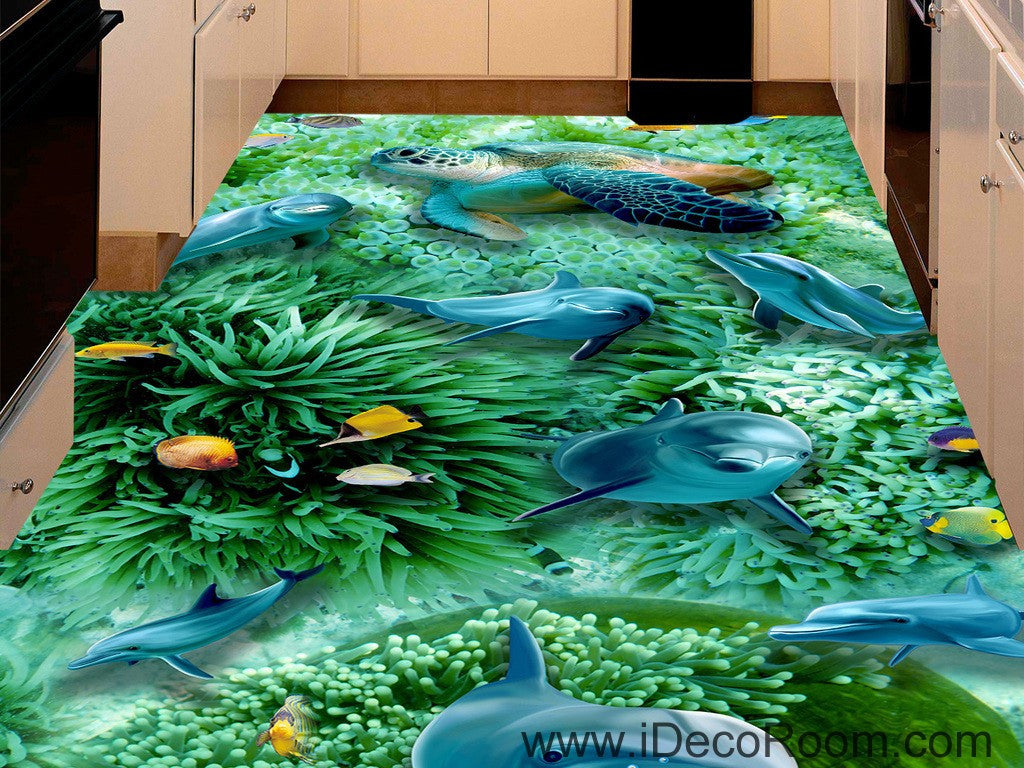 Green Seabed Coral Dophins Turtle 00046 Floor Decals 3D Wallpaper