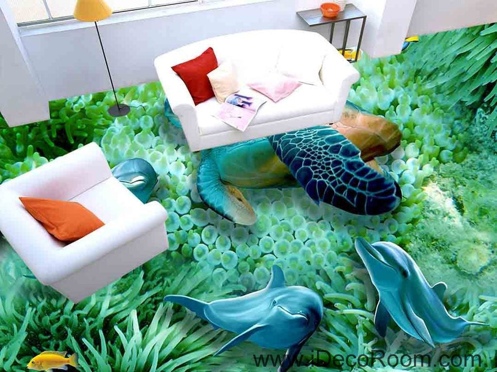 Green Seabed Coral Dophins Turtle 00046 Floor Decals 3D Wallpaper