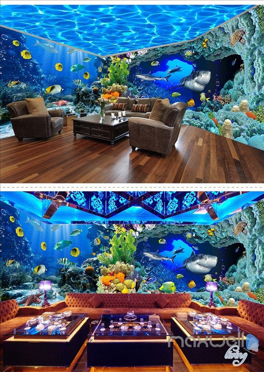 Underwater world aquarium Shark fish reef entire room 3D wallpaper wall