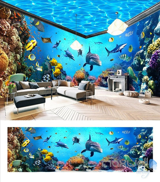 Underwater world aquarium theme space entire room wallpaper wall mural ...