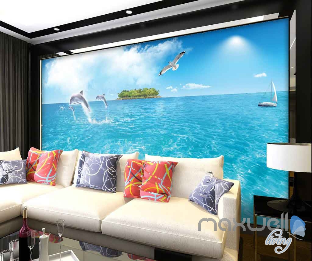 3D Dophins Jumping Sea Yacht Entire Room Wallpaper Wall Murals Art