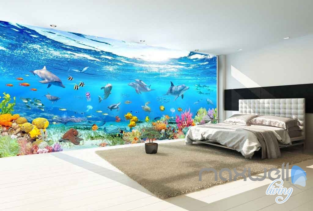 3d Aquarium Glass View Turtles Dophins Entire Room Wallpaper Wall Murals Idcqw 000111