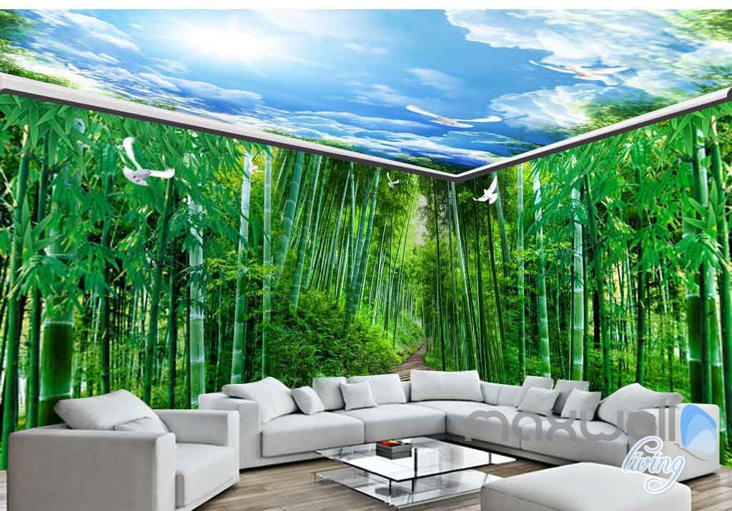 3D Huge Bamboo  Forest  Blue Sky Entire Room Wallpaper  Wall  