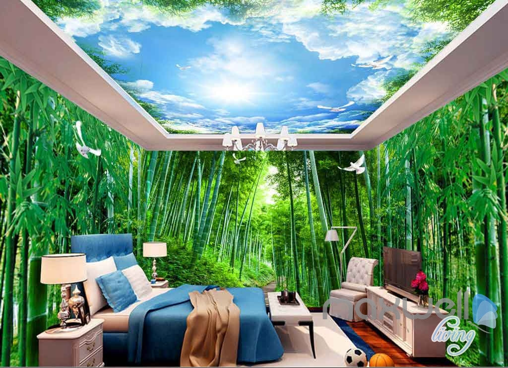 3D Huge Bamboo Forest Blue Sky Entire Room Wallpaper Wall