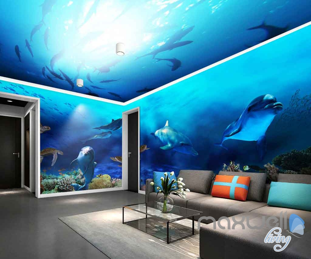 3D Fish Shoal Underwater Turtle Dophins Entire Room Wallpaper Wall Mur ...