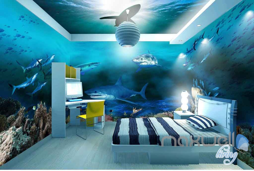 3d Sharks Shadow Underwater Entire Room Wallpaper Wall Murals Art Prints Idcqw 000142