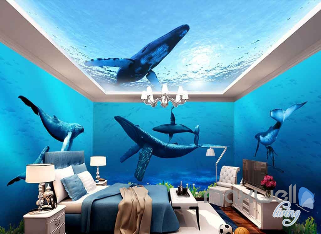 3D Whale Underwater Entire Living Room Bathroom Wallpaper ...