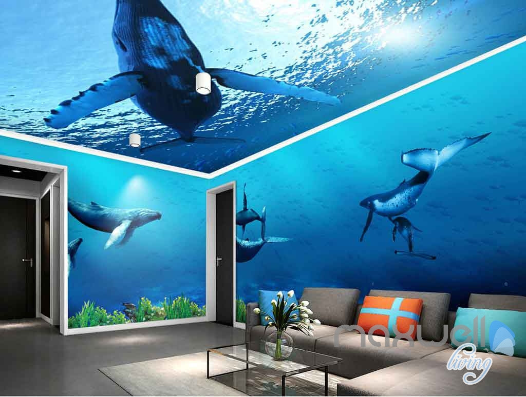 3D Whale Underwater Entire Living Room Bathroom Wallpaper Wall Murals ...