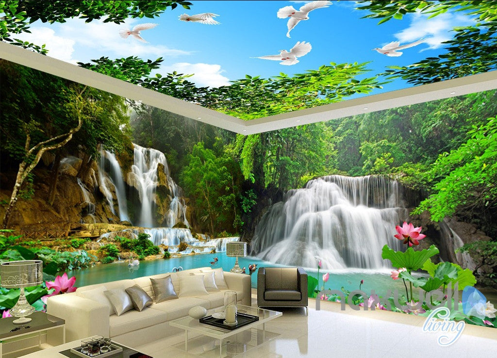 3d Mountain Waterfall Lilypad Lotus Entire Room Wallpaper Wall Mural Art Prints Idcqw 000162