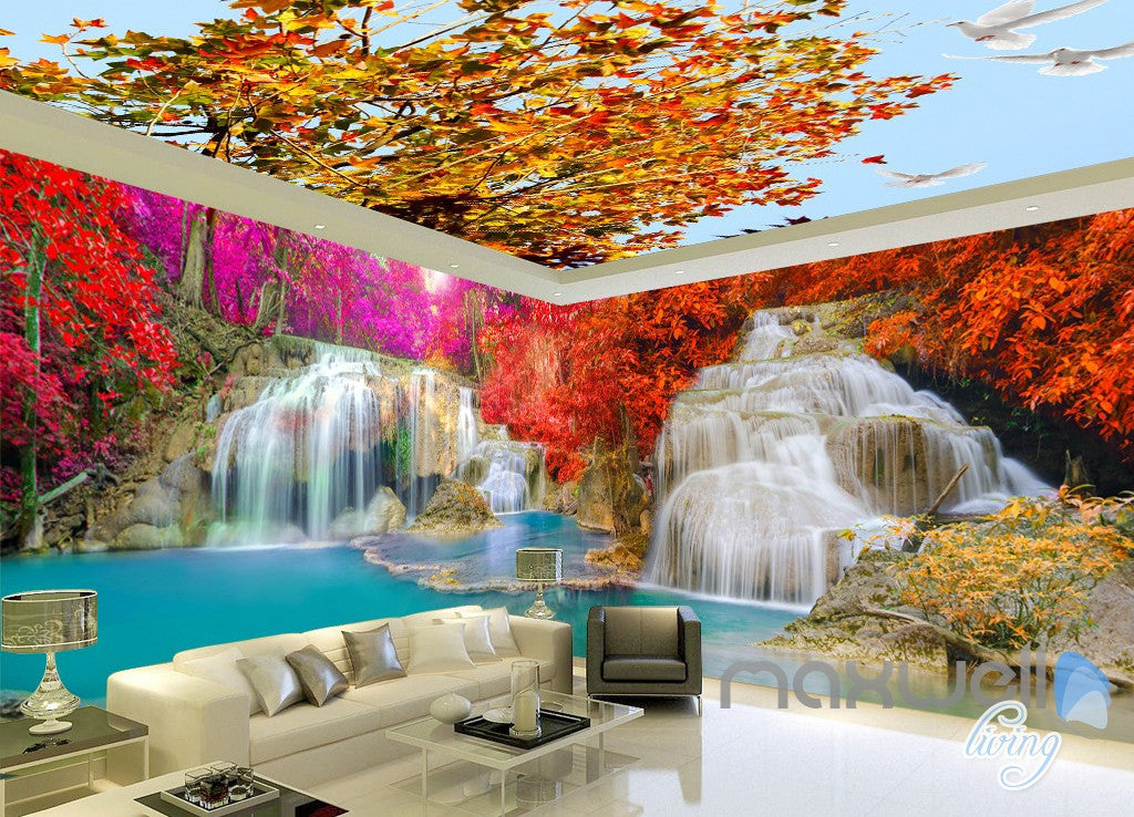 3D Maple Tree Waterfall Entire Room Wallpaper Wall Mural