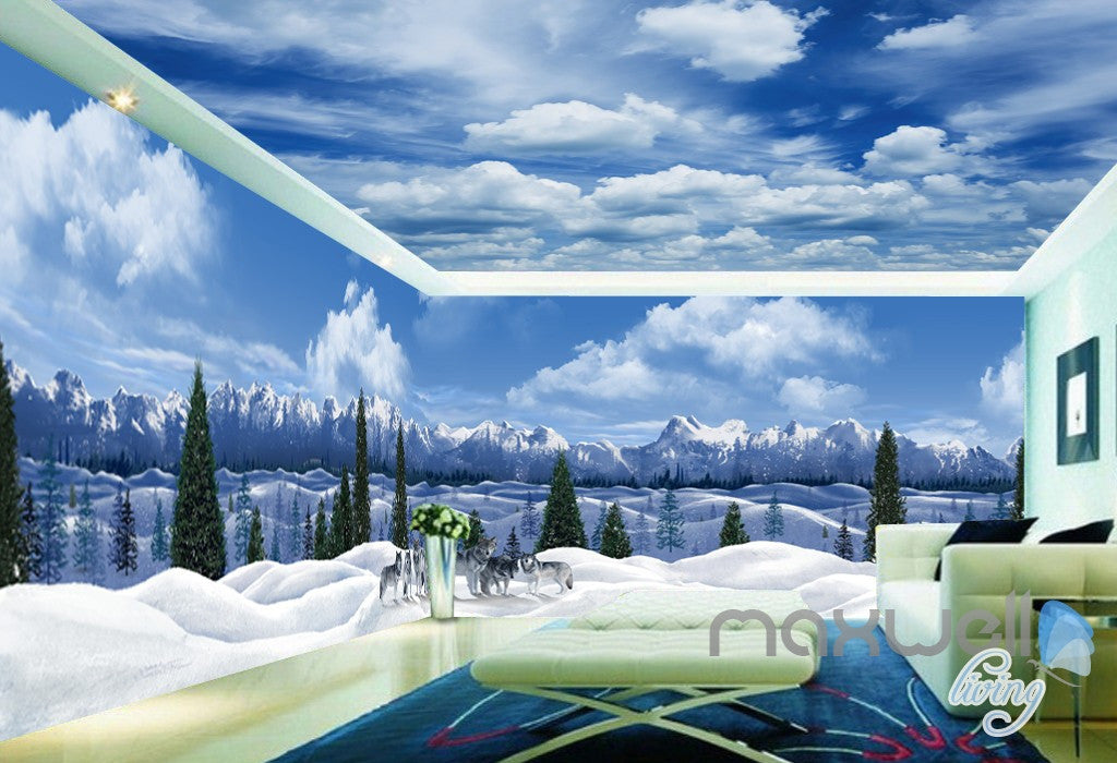 3D Snow Mountain Wolf Sky Clouds Ceiling Entire Room ...