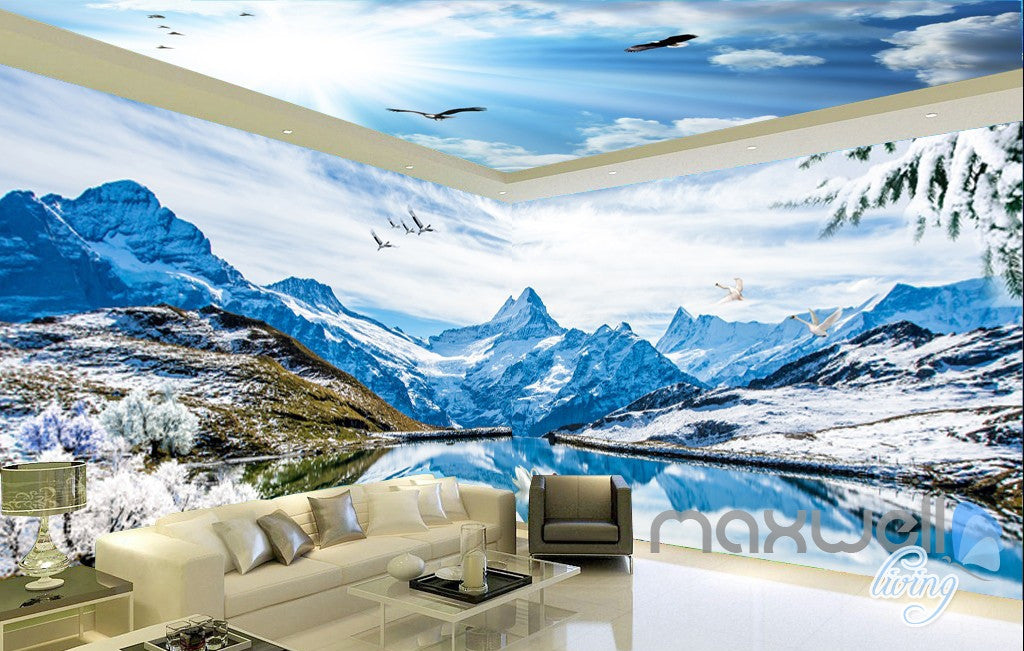 3d Snow Mountain Swan Lake Sky Clouds Ceiling Entire Room Wallpaper Wall Mural Idcqw 000175