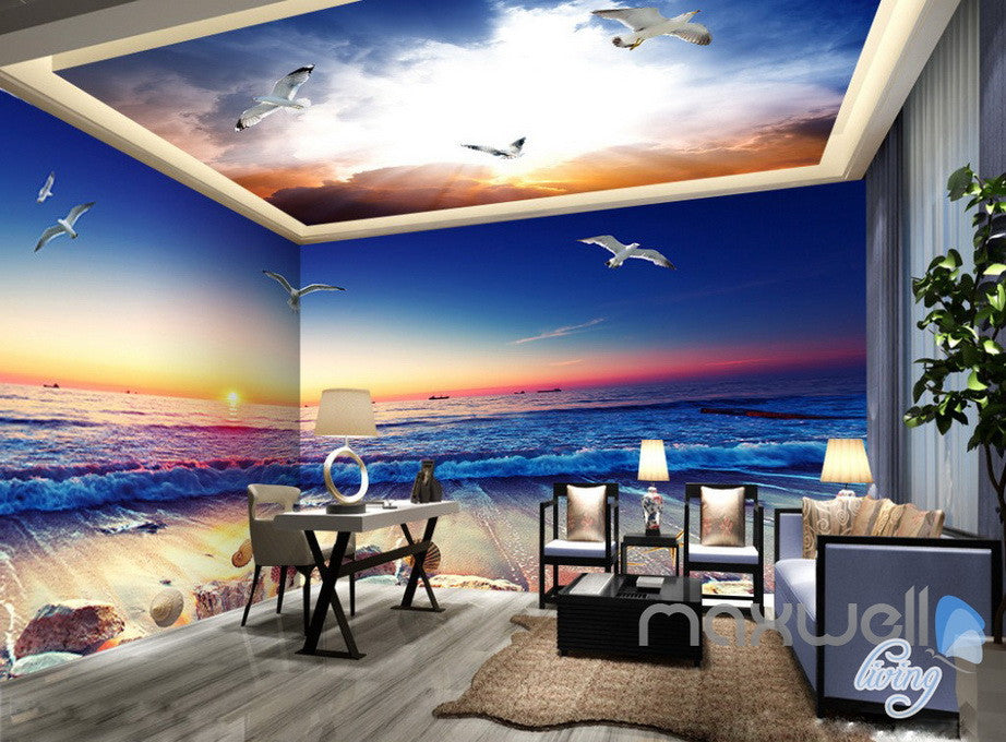 3d Sunrise Beach View Wave Ceiling Entire Room Bedroom Wallpaper