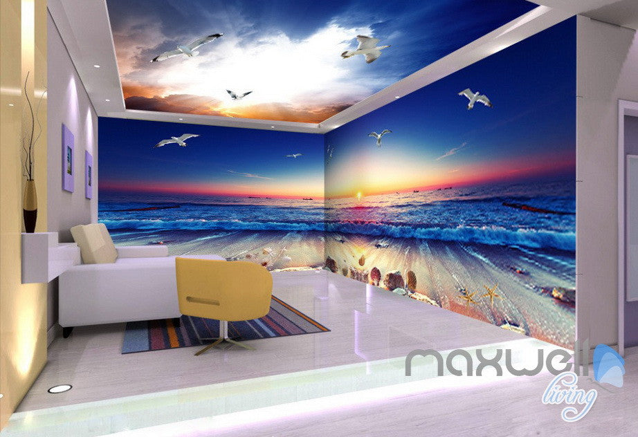 3d Sunrise Beach View Wave Ceiling Entire Room Bedroom Wallpaper