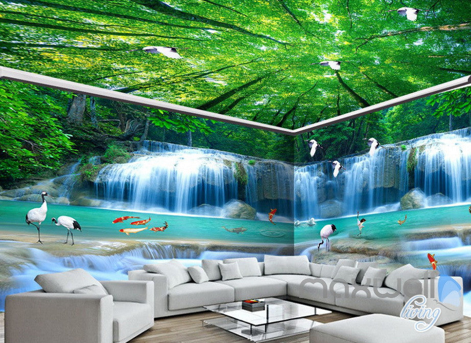 3d Fish Waterfall Tree Top Ceiling Entire Room Wallpaper Wall Mural