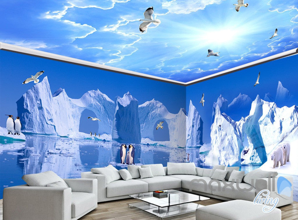 3d Iceberg Penguin Blue Sky Ceiling Entire Living Room Wallpaper Wall Mural Art Idcqw 000226