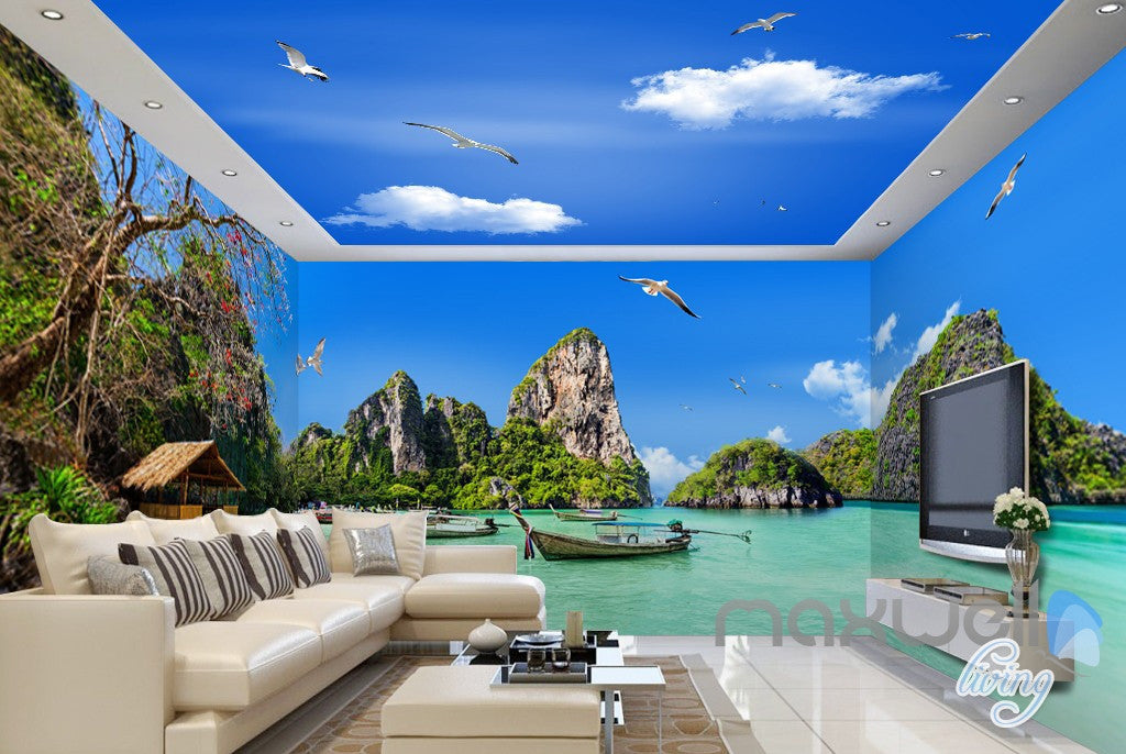 3D Tropical Island Boat Bay Entire Living Room Bedroom 