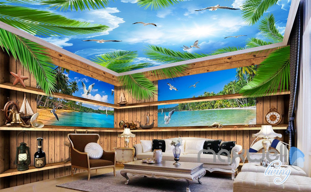 3d Wood Cabin Inside Windows Beach Entire Living Room Business Wallpaper Wall Mural Idcqw 000288