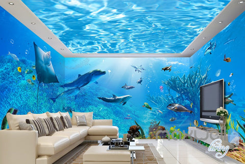 3D Underwater Rays Fish Shimmering Water Ceiling Entire Living Room Wa ...