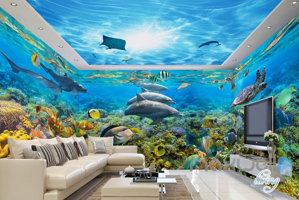 3D Dophins Playing Coral Reef Entire Living Room Bathroom Wallpaper Wa ...