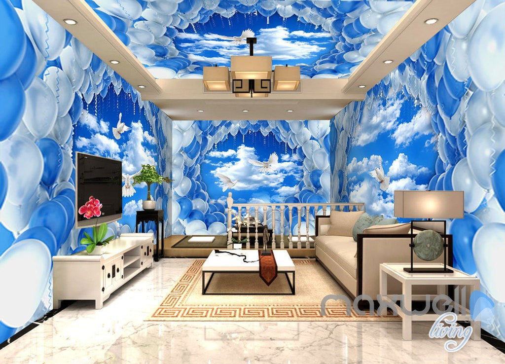 3d Pigeons White Blue Balloon Sky Entire Living Room Wallpaper Wall