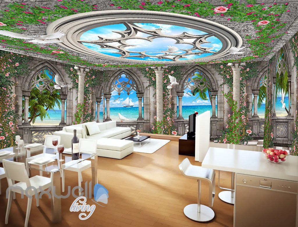 3D Arch Window Ocean View Sky Ceiling Wall Murals Wallpaper Art Print \u2013 IDecoRoom