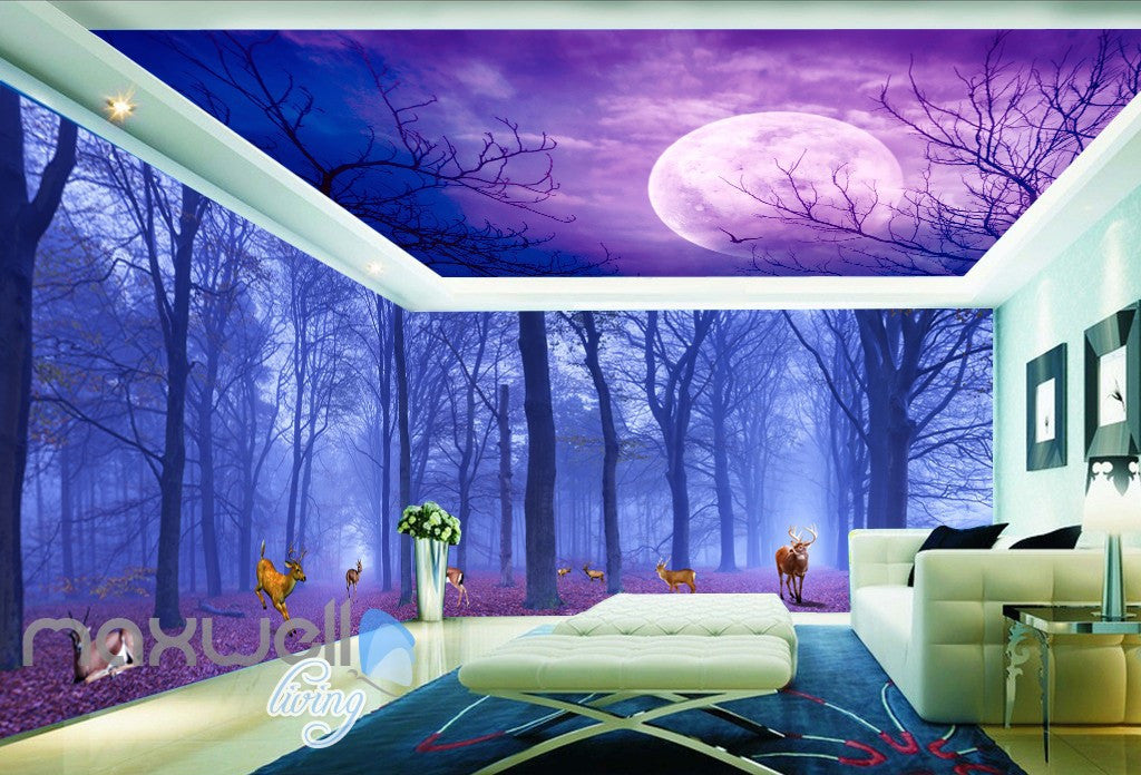 3d Forest Deer Moon Ceiling Wall Murals Wallpaper Paper Art Print