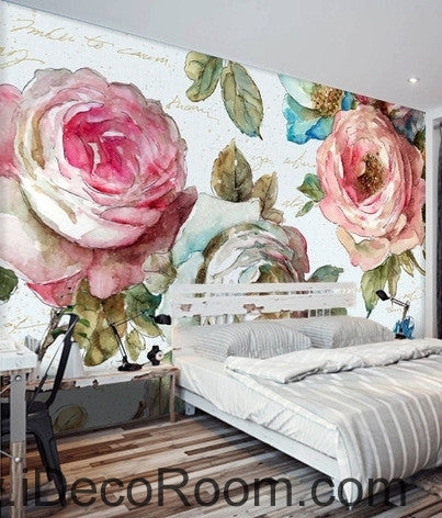 European style garden flowers bloom pink roses oil painting effect wal ...