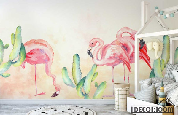 Modern minimalist flamingo cactus children's wallpaper wall murals IDC ...