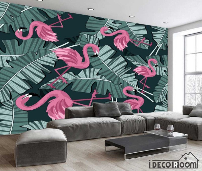 European vintage rainforest banana leaf flamingo wallpaper wall murals ...